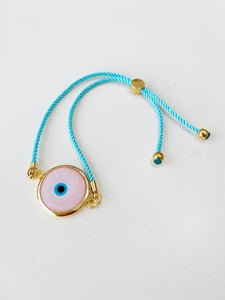 Pink Murano Evil Eye Bracelet, Adjustable Cotton String Bracelet, Evil Eye Bead