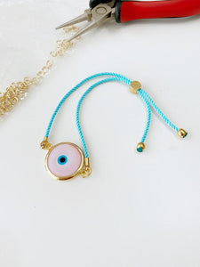Pink Murano Evil Eye Bracelet, Adjustable Cotton String Bracelet, Evil Eye Bead