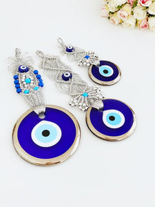 Silver Evil Eye Wall Hanging, Macrame Evil Eye Wall Hanging, Blue Evil Eye
