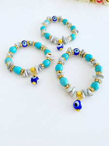 Evil Eye Bracelet, Baroque Bead Bracelet, Stretch Bracelet, Turquoise Bead