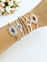 Evil Eye Baguette Bracelet, Tree of Life Bangle Bracelet, Rose Gold Silver