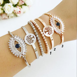 Evil Eye Baguette Bracelet, Tree of Life Bangle Bracelet, Rose Gold Silver