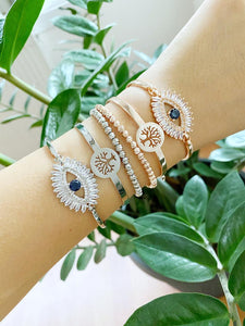 Evil Eye Baguette Bracelet, Tree of Life Bangle Bracelet, Rose Gold Silver