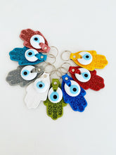 Leather Hamsa Hand Keychain, White Blue Evil Eye Beads, Lucky Keychain