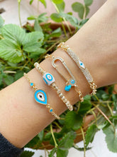 Gold Evil Eye Bracelet, Safety Pin Bracelet, Zirconia Dorica Beads Bracelet