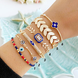 Blue Evil Eye Bracelet, Bangle Bracelet, Gold Chain Bracelet