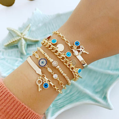 Evil Eye Chain Bracelet, Gold Chain Bracelet, Blue Evil Eye Charm Bracelet