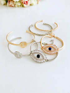 Evil Eye Baguette Bracelet, Tree of Life Bangle Bracelet, Rose Gold Silver