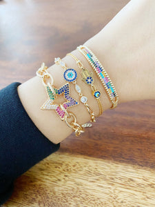 Evil Eye Bracelet, Gold Link Chain Bracelet, Star Bracelet
