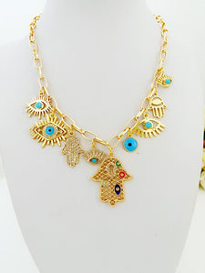 Gold Chain Necklace, Evil Eye Necklace, Chunky Chain Necklace, Hamsa Hand