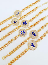 Lucky Evil Eye Bracelet, Gold Link Chain Bracelet, Clover Hand of Fatima