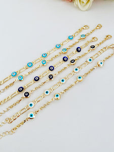 Evil Eye Bracelet, Gold Link Chain Bracelet, Evil Eye Jewelry, Blue White Eye