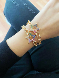 Gold Chunky Link Chain Bracelet, Star Charm Bracelet, Zircon Star Charm