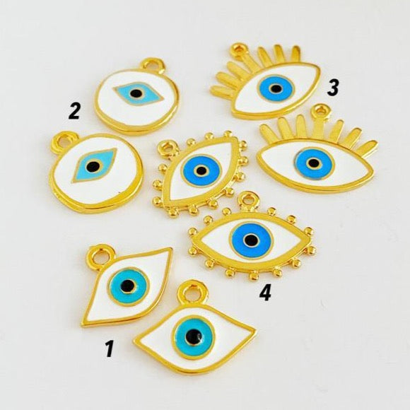 White Evil Eye Charm, Brass Evil Eye Bead, Gold Evil Eye Pendant