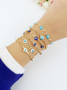 Evil Eye Bracelet, Gold Link Chain Bracelet, Evil Eye Jewelry, Blue White Eye