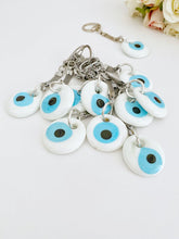 White Evil eye keychain, Glass Evil Eye Beads, Silver Keychain