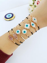 White Evil Eye Bracelet, Hamsa Bracelet, Black String Bracelet