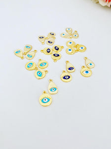 Gold Evil Eye Charm, 5pcs Evil Eye Pendant, Blue White Evil Eye, Round Teardrop Evil Eye