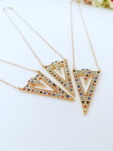 Triangle Necklace, Rainbow Zircon Charm, Rose Gold Necklace, Geometric Necklace