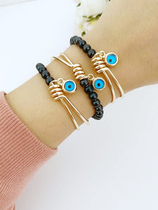 Elegant Evil Eye Bracelet, Gold Cuff Bracelet, Seed Beads Bracelet