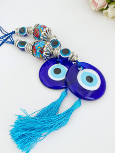 Blue Evil Eye Wall Hanging, Ceramic Charm, Evil Eye Home Decor