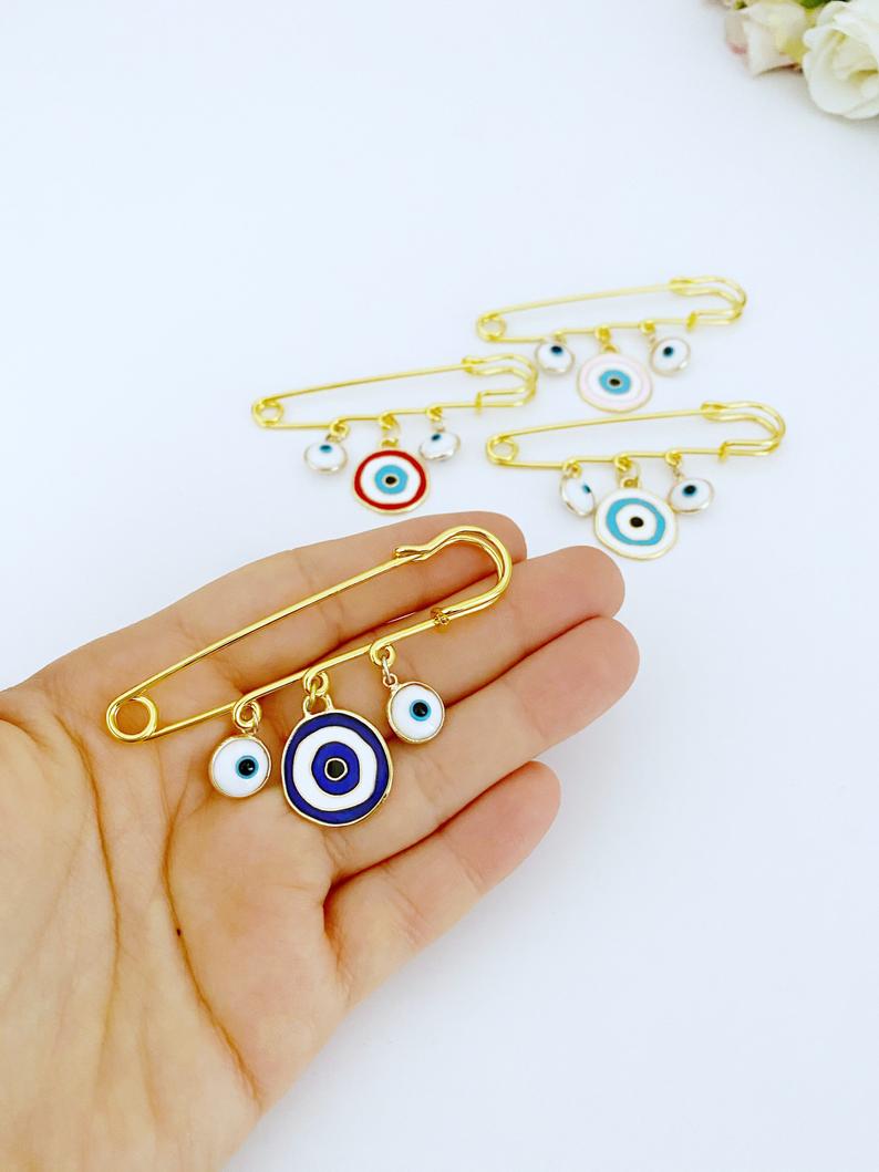 Silver Evil Eye Safety Pin Brooch Gold Plated