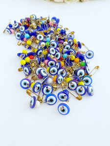 Evil Eye Safety Pins, 100 pcs, Wedding Invitation Favor Supplies, Blue Evil Eye Bead