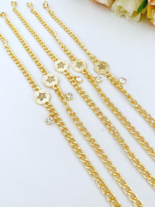 Gold Link Chain Bracelet, Star Bracelet with CZ, Zircon Charm Bracelet