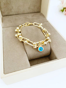 Gold Open Link Chain Bracelet, Chunky Link Chain Bracelet, Blue Evil Eye Bracelet