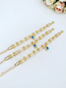 Gold Open Link Chain Bracelet, Chunky Link Chain Bracelet, Blue Evil Eye Bracelet
