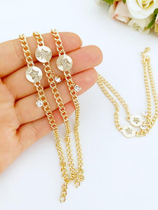 Gold Link Chain Bracelet, Star Bracelet with CZ, Zircon Charm Bracelet