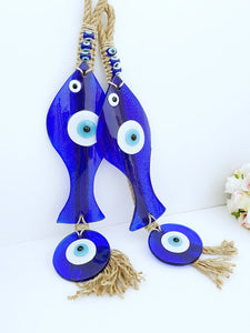 Lucky Evil Eye Wall Hanging, Blue Fish Evil Eye Bead, Handmade Glass Home Decor