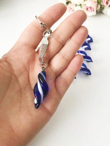 Blue Glass Keychain, Silver Keychain, Spiral Glass Bead, Key Chain, Lucky
