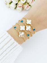 Gold Clover Bracelet, Blue Evil Eye Bead, Lucky Clover Charm, Good Luck
