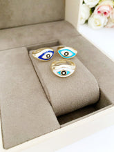 Evil Eye Ring, Adjustable Gold Ring, Blue White Evil Eye Ring, Oval Evil Eye Ring