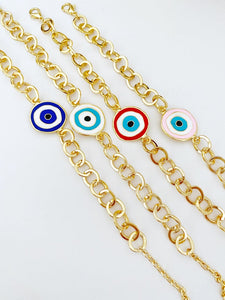 Chunky Gold Chain Evil Eye Bracelet, Brass Evil Eye Charm, Gold Chain Bracelet