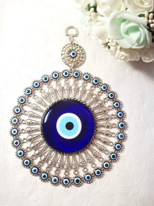 Large Glass Blue Evil Eye Wall Hanging Ornament with Round Eye Design, Metal