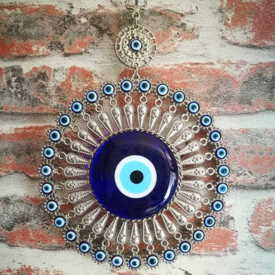 Large Glass Blue Evil Eye Wall Hanging Ornament with Round Eye Design, Metal