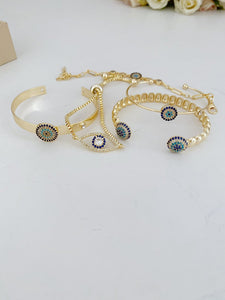 Gold Evil Eye Bracelet, Cuff Bracelet, Zircon Evil Eye Bead, Minimalist Bracelet
