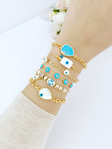 Gold Evil Eye Bracelet, Cuff Bracelet, Blue Evil Eye Bracelet, Chain Bracelet, Pandora Bracelet