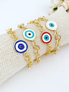 Chunky Gold Chain Evil Eye Bracelet, Brass Evil Eye Charm, Gold Chain Bracelet
