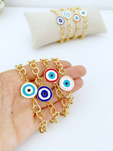 Chunky Gold Chain Evil Eye Bracelet, Brass Evil Eye Charm, Gold Chain Bracelet