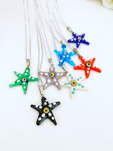Murano Evil Eye Necklace, Handmade Glass Starfish Pendant, Evil Eye Jewelry