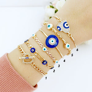Gold Evil Eye Bracelet, Blue Evil Eye Bracelet, Cuff Bracelet, Chain Bracelet
