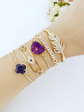 Gold Evil Eye Bracelet, Amethyst Charm Bracelet, Zircon Cuff Bracelet, Clover Charm