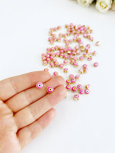 7mm Pink Evil Eye Spacer Beads, Gold Connectors, Evil Eye Jewelry Supply, BULK