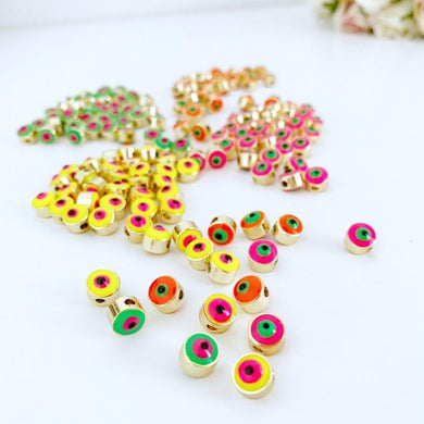 Neon Evil Eye Beads, 5 pcs, Shiny Gold Plated Eye Charms, BULK, Gold Spacer Bead