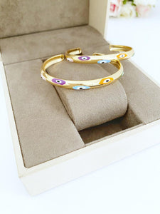 Rainbow Evil Eye Bracelet, Evil Eye Cuff Bracelet, Tarnish Resistant Gold Bracelet