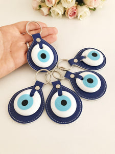 Leather Evil Eye Keychain, Blue Evil Eye Keychain, Lucky Charm Keychain, Evil Eye