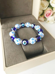 Blue Evil Eye Bracelet, Summer Evil Eye Jewelry, Glass Evil Eye Beaded Bracelet